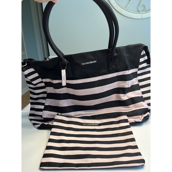NWT - Victoria Secret Pink & Black Weekender Duffle Tote Bag w Cosmetic Bag - Picture 2 of 15